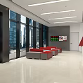 Banking Hall Interior Design With Large Windows Red Seats And Digital Screens