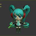 Cute Anime Character 3D Model With Teal Pigtails Red Headphones Blue Eyes And Green Microphone