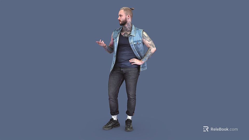 Tattooed Man Wearing Denim Vest Dark T-shirt Black Pants Black Shoes Gesturing On Blue Background 3d model 