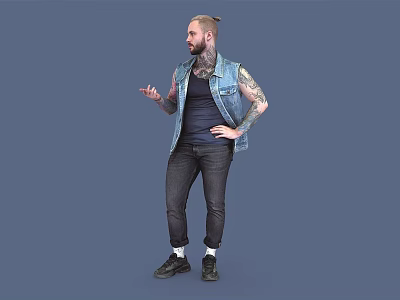 Tattooed Man Wearing Denim Vest Dark T-shirt Black Pants Black Shoes Gesturing On Blue Background 3d model