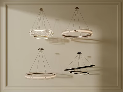 Modern Chandeliers With Round Metal Rings And Black Elements Hanging On Light Colored Wall 3d model