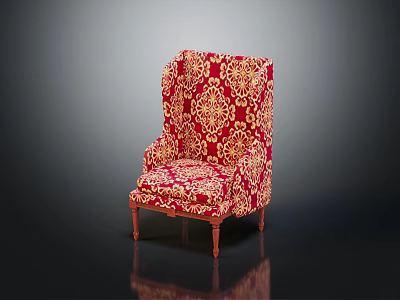 Classic Single Sofa With Red Upholstery Gold Floral Pattern And Wooden Legs 3d model