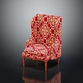 Classic Single Sofa With Red Upholstery Gold Floral Pattern And Wooden Legs