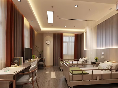 Modern Hospital Ward Interior With Beds Desk Chair Curtains TV Clock 3d model
