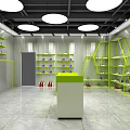Public Office Space With Green Shelves Round Ceiling Lights And Shiny Floor