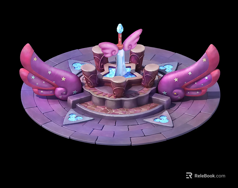 Cartoon Scene Featuring Pink Wings Glowing Candle Circular Platform And Star Decorations 3d model 