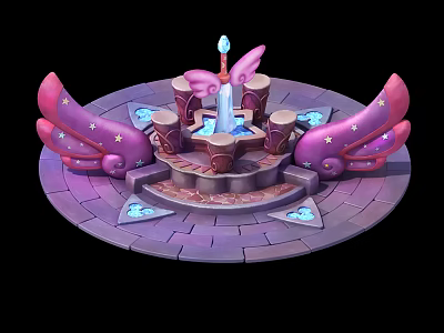Cartoon Scene Featuring Pink Wings Glowing Candle Circular Platform And Star Decorations 3d model
