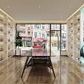 Modern Specialty Store Interior Featuring Shelves With Display Items Central Long Table And Wooden Floor
