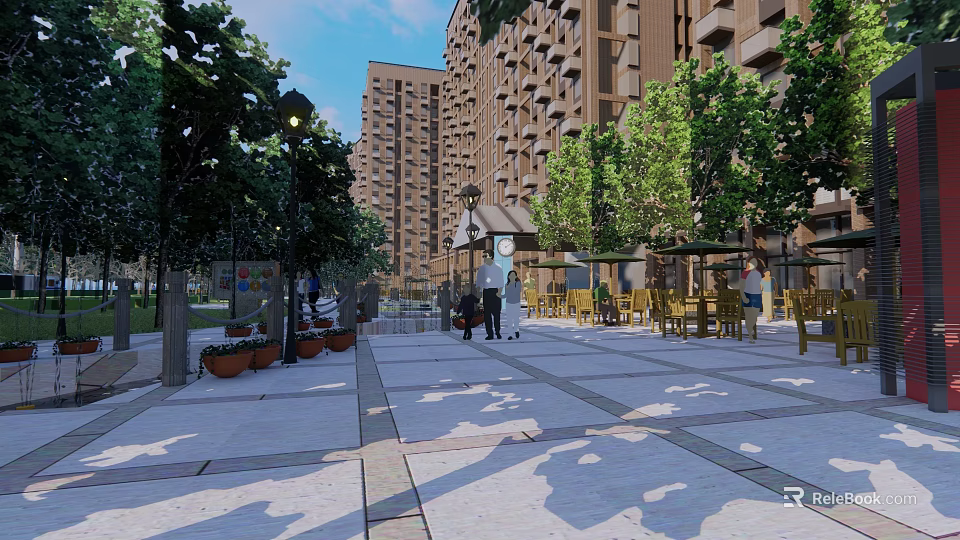 Serene Residential Plaza with Tall Buildings Green Trees Outdoor Tables Chairs and Pedestrians 3d model 