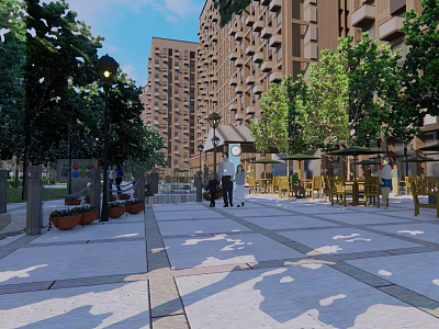 Serene Residential Plaza with Tall Buildings Green Trees Outdoor Tables Chairs and Pedestrians 3d model