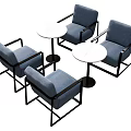 Modern Four Blue Chairs With Black Frame And Two White Round Tables Set 3d model
