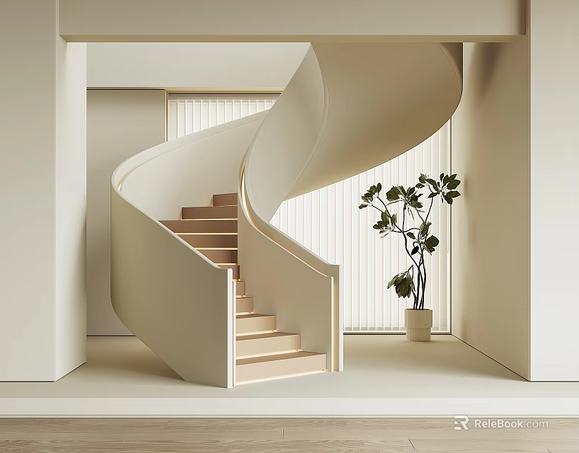 Modern Spiral Staircase Interior With Light Steps Window Blinds And Green Plant 3d model 