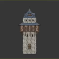 Scenic Old Tower with Blue Roof Stone Walls Small Windows and Wooden Parts