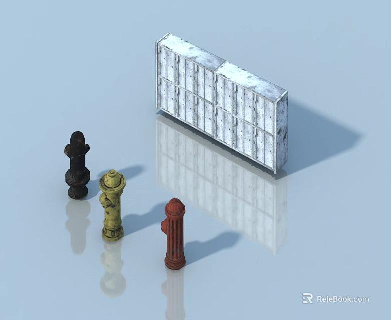 Modern Pet Cabinet with Colorful Fire Hydrant Models and Reflective Surface 3d model