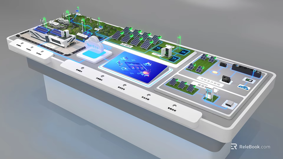 Integrated Smart Eco Tech Display Model With Solar Panels Green Areas And Interactive Screen 3d model