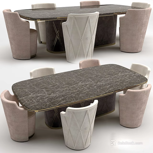 Modern Dining Table Set with Marble Top Beige and White Chairs and Gold Trim 3d model 