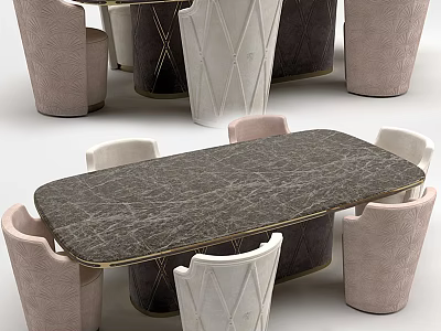 Modern Dining Table Set with Marble Top Beige and White Chairs and Gold Trim 3d model