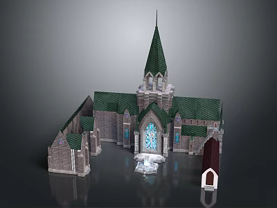 Cartoon Church Scene With Green Spire Stone Walls And Stained Glass Window 3d model