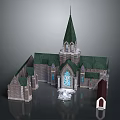 Cartoon Church Scene With Green Spire Stone Walls And Stained Glass Window