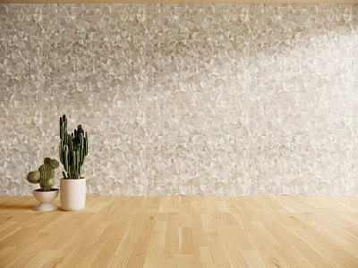 Neutral Toned Textured Interior Wall Decor with Wooden Floor and Potted Cactus Plants 3d model