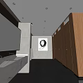 Modern Public Restroom With Wooden Stalls Marble Sink Counter Mirrors And Decorative Painting