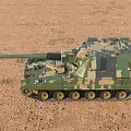 Camouflage Armored Tank With Long Barrel On Desert Terrain Under Blue Sky