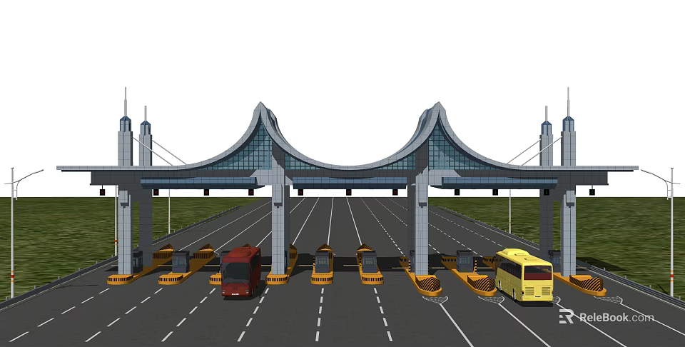 Modern Toll Plaza With Arch Roof Design Multiple Lanes And Vehicles Waiting 3d model 