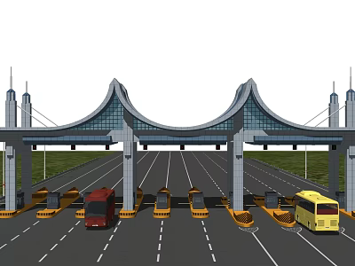 Modern Toll Plaza With Arch Roof Design Multiple Lanes And Vehicles Waiting 3d model