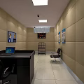 Office Interior With Blue Reception Desk Computers Office Chairs Black Sofas And Glass Cabinets 3d model