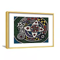 Golden Framed Abstract Artwork With Red Background Spiral Pattern Eye Motifs And Moon Shape