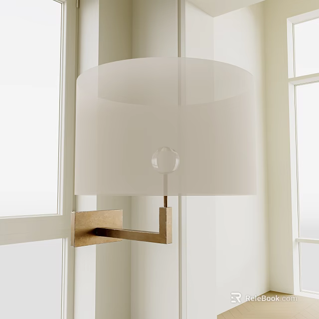 Modern Wall Lamp With White Semi-transparent Lampshade And Brass Arm Mounted On Wall 3d model 