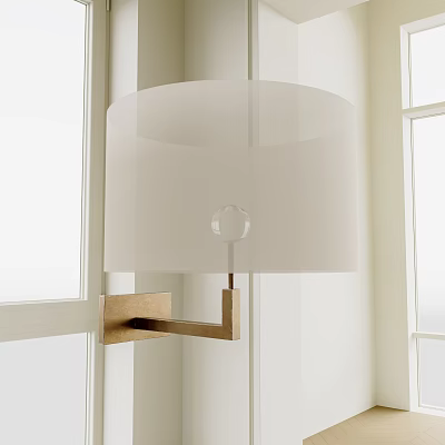 Modern Wall Lamp With White Semi-transparent Lampshade And Brass Arm Mounted On Wall 3d model