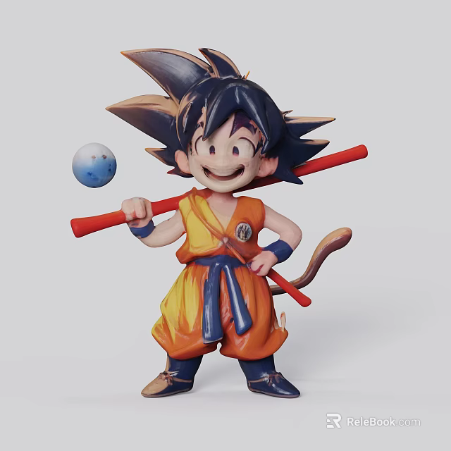 Anime Character Figurine With Spiky Black Hair Orange Outfit Red Staff And Blue Ball 3d model 