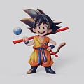 Anime Character Figurine With Spiky Black Hair Orange Outfit Red Staff And Blue Ball