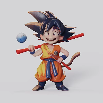 Anime Character Figurine With Spiky Black Hair Orange Outfit Red Staff And Blue Ball 3d model
