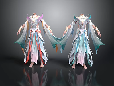 Elegant Fantasy Costume Design With Flowing Sleeves And Colorful Robes On Mannequins 3d model
