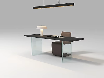 Modern Desk With Black Tabletop Glass Legs White Lamp Book And Brown Chair 3d model