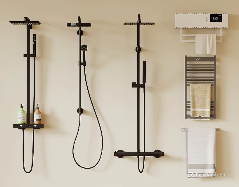 Black Shower Systems Three Different Types with Bathroom Towel Rack Towels and Bath Products 3d model 