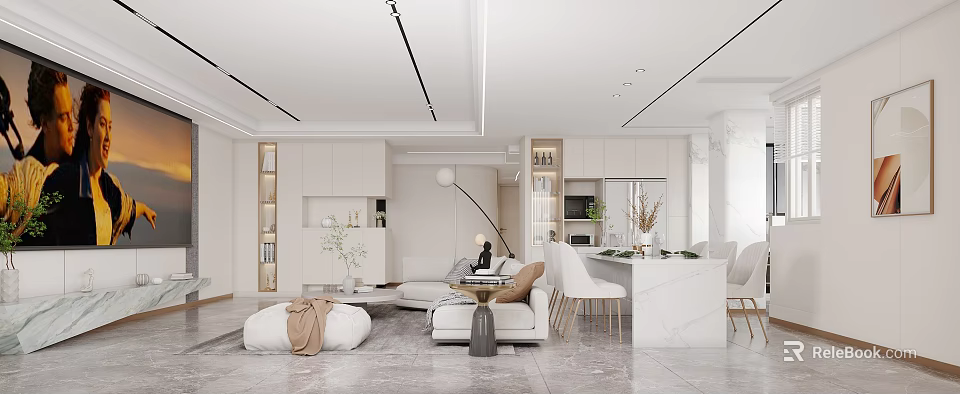 Modern Dining and Living Room Interior Design With Sofa Dining Table Cabinets And Lighting 3d model