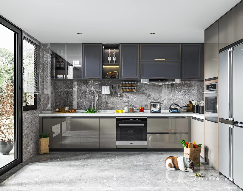 Modern Kitchen Interior With Dark Cabinets Marble Countertops And Stainless Steel Appliances 3d model 