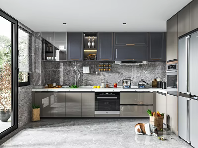 Modern Kitchen Interior With Dark Cabinets Marble Countertops And Stainless Steel Appliances 3d model