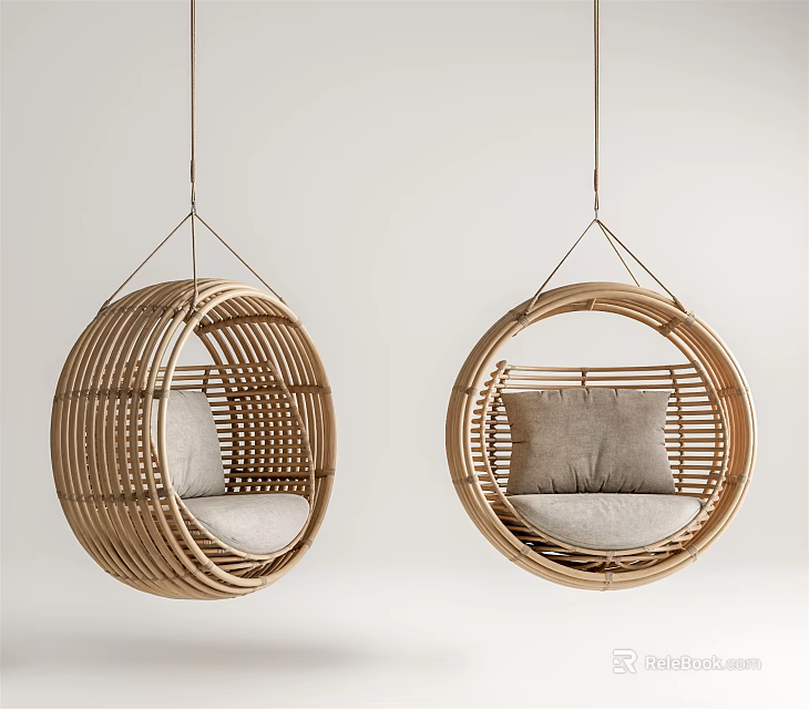 Set of Two Rattan Round Hanging Chairs With Soft Cushions In Light Background 3d model 