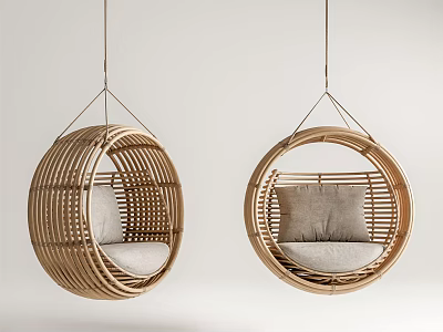 Set of Two Rattan Round Hanging Chairs With Soft Cushions In Light Background 3d model
