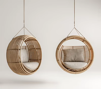 Set of Two Rattan Round Hanging Chairs With Soft Cushions In Light Background 3d model