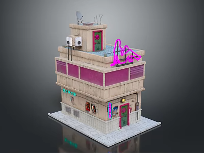 Colorful Multi Story Building Exterior With Pink Accents Green Door Neon Sign And Bar Facade 3d model