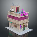 Colorful Multi Story Building Exterior With Pink Accents Green Door Neon Sign And Bar Facade