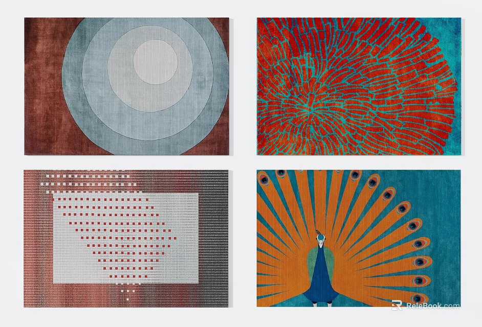 Colorful Square Rugs With Geometric Patterns And Peacock Inspired Designs 3d model 