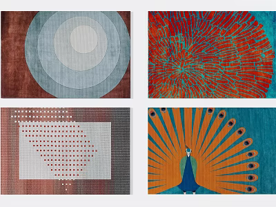 Colorful Square Rugs With Geometric Patterns And Peacock Inspired Designs 3d model