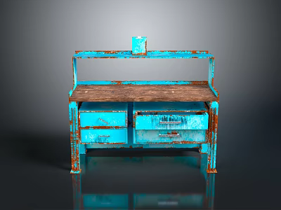 Rustic Blue Desk With Wooden Top And Rusted Metal Frame Drawers 3d model