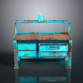 Rustic Blue Desk With Wooden Top And Rusted Metal Frame Drawers